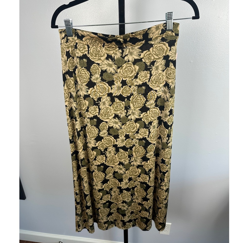 Vintage 90s B. Moss Slinky Floral Midi Skirt Black Gold Roses Made in USA M